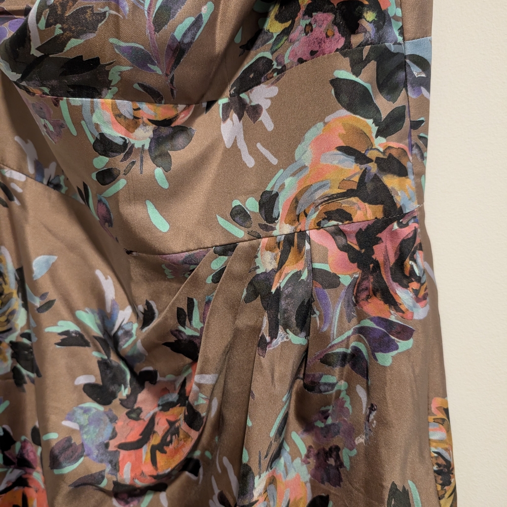 Trina Turk Silk Taupe One-Shoulder Floral Bow Dress Size 8 - Picture 2 of 8